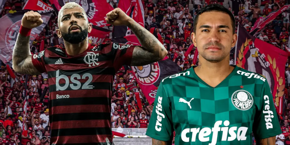 Gabigol com a camisa do Flamengo ao lado de Dudu, atacante do Palmeiras