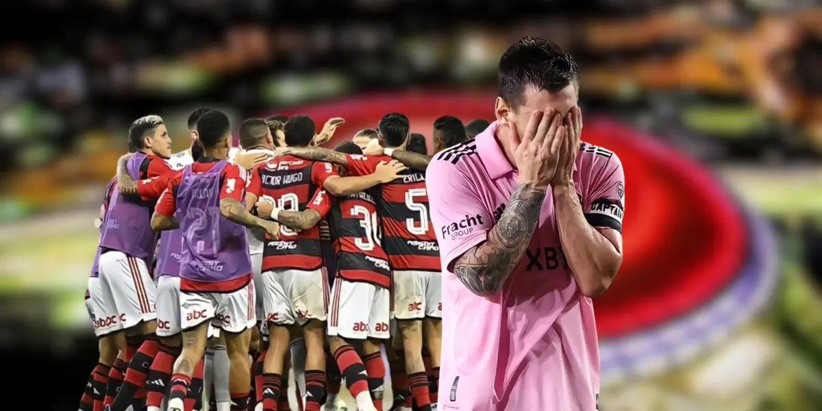 Jogadores do Flamengo comemorando e Messi triste