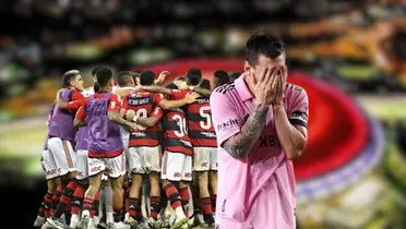 Jogadores do Flamengo comemorando e Messi triste